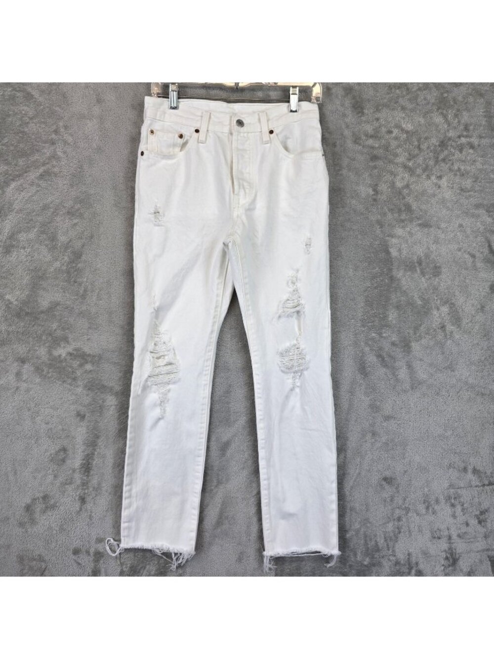 Levis 501 Straight Jeans Womens 26 White Distressed High Rise Button Fly Denim